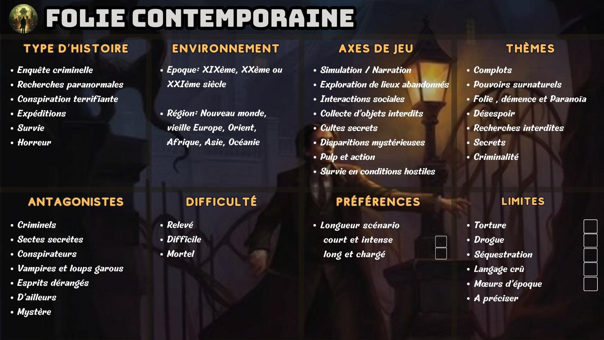 Critères personnalisés pour élaborer un scénario d'aventure immersive dans un univers contemporain