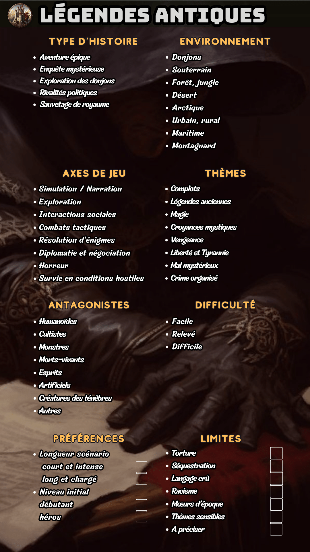 Critères personnalisés pour élaborer un scénario d'aventure immersive dans un univers médiéval fantastique