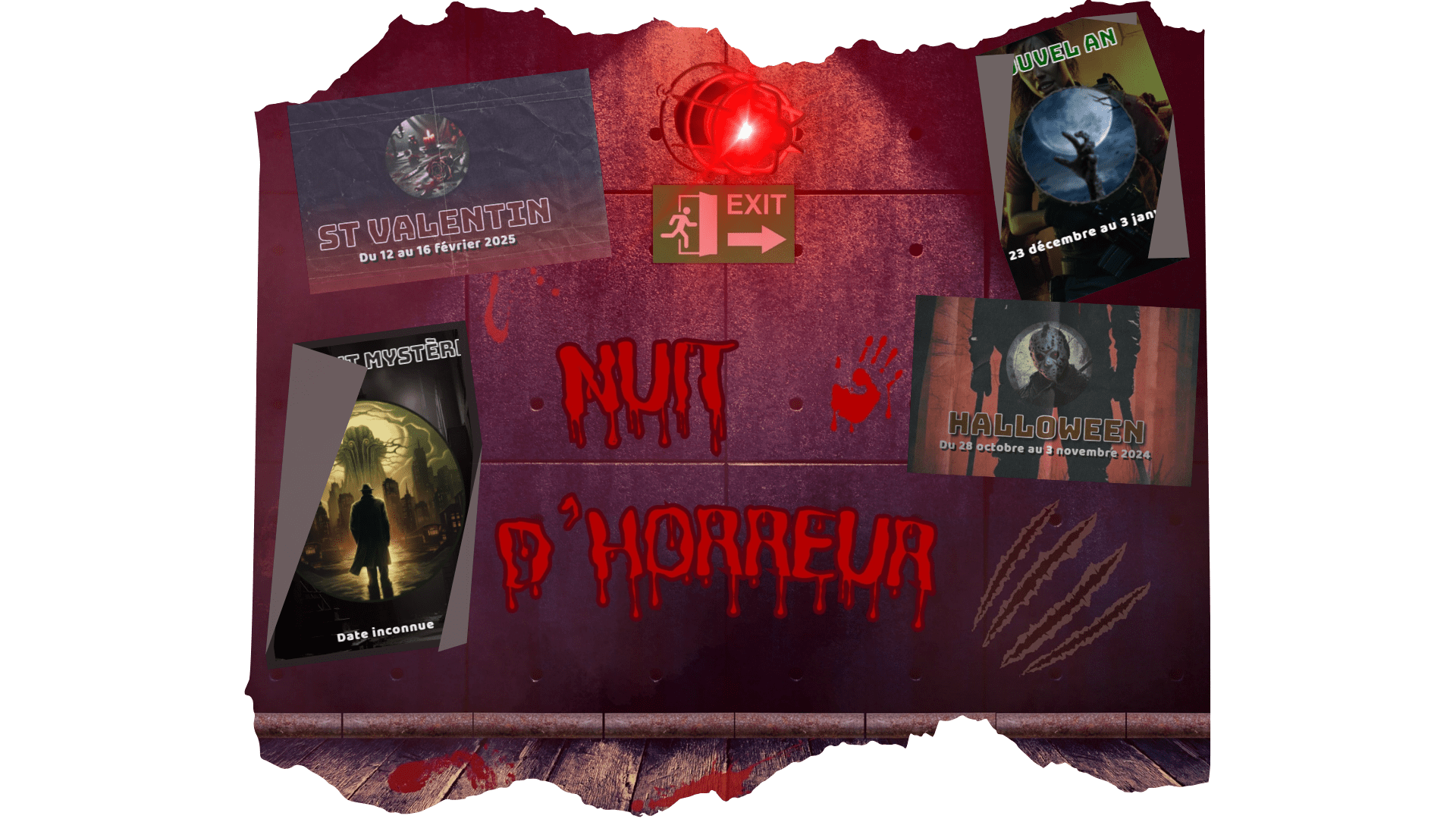 Image de fond pour la page d'accueil intitulée Nuit d'Horreur avec des effets sanglants, une main ensanglantée, des barbelés et des griffures sur fond sombre.