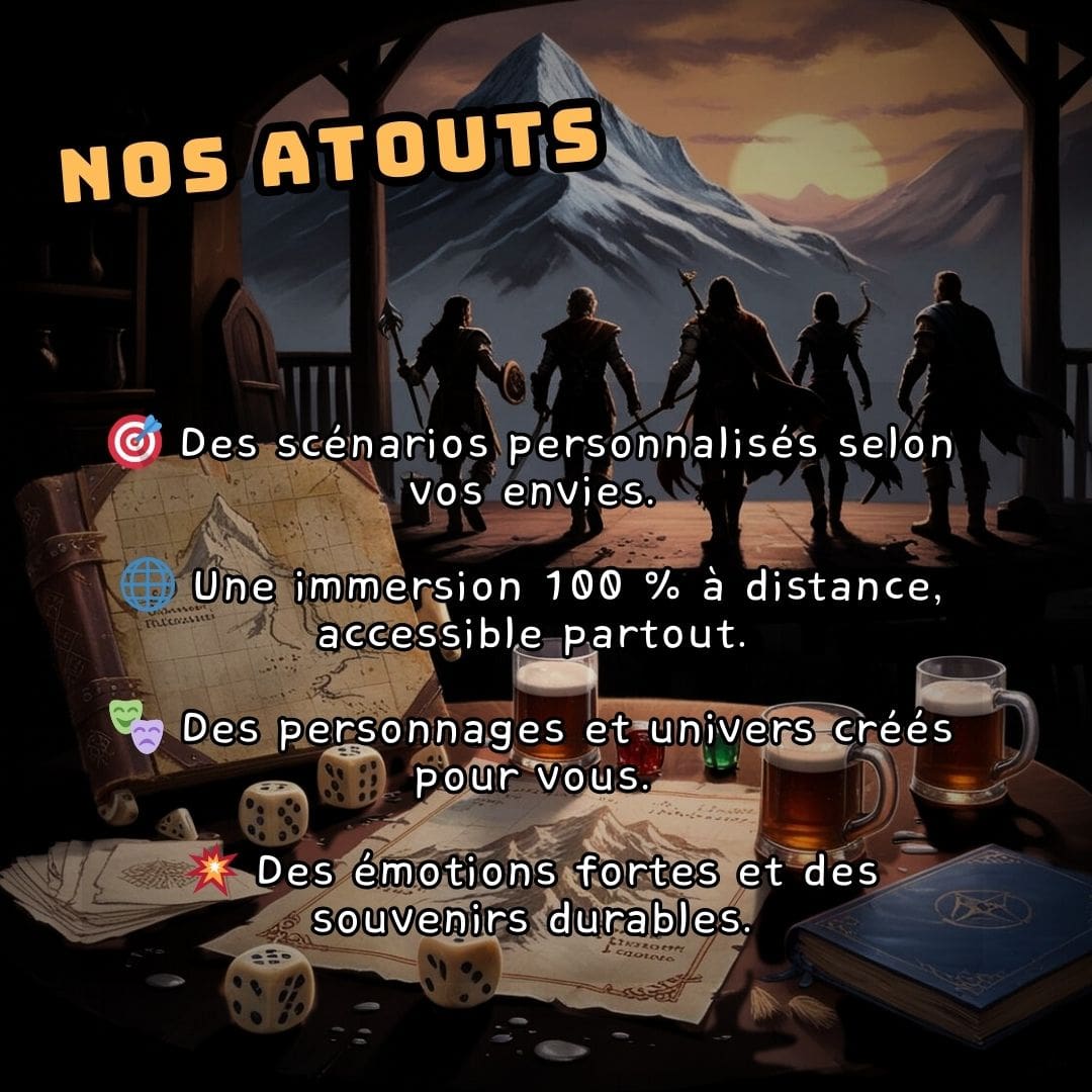 Une table de jeu de rôles au premier plan et un groupe d'aventuriers en ligne face au soleil en arrière plan.