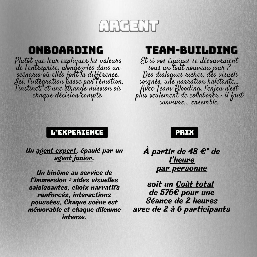 Immersion Team-Building | onboarding offre "argent" – Binôme agent expert et junior avec narration enrichie.