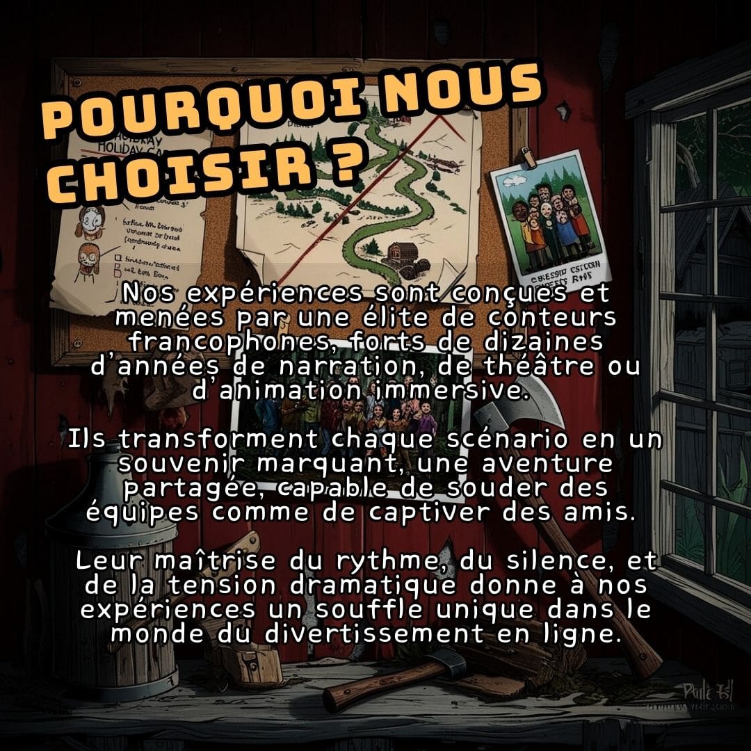 Une infographie de survival horror avec une hache, la carte d'une forêt et une photo d'un groupe de jeunes.