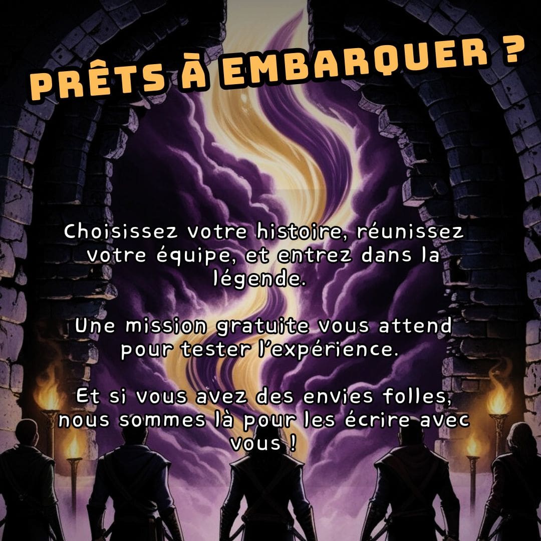 Un groupe d’aventuriers fait face à une forteresse sinistre, silhouettes attirées par un sillon lumineux clair en son centre et violet sur les côtés qui monte vers le ciel.