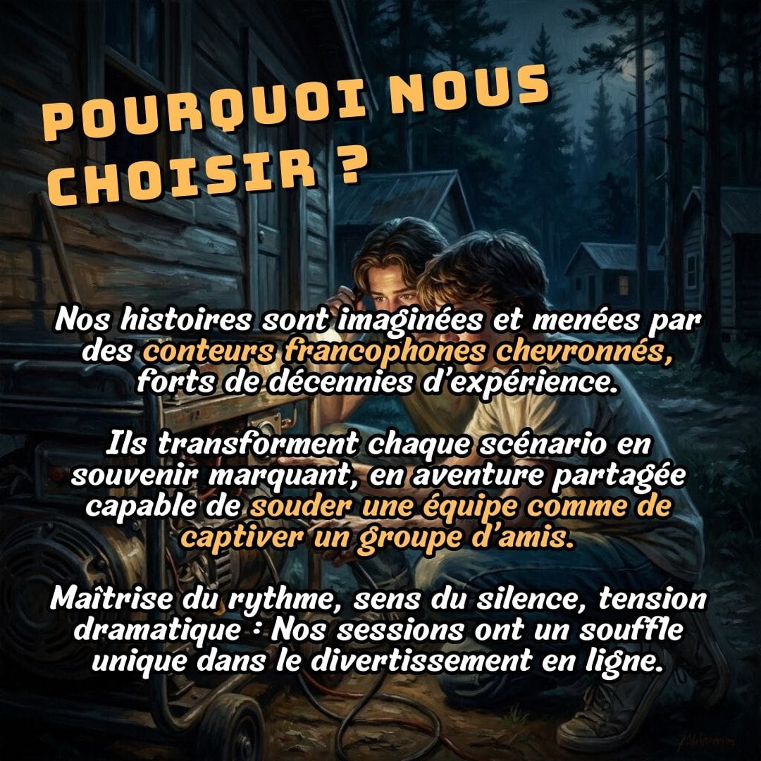 Des jeunes, années 80, réparent un générateur en panne à l'orée de la forêt. Atmosphère slasher