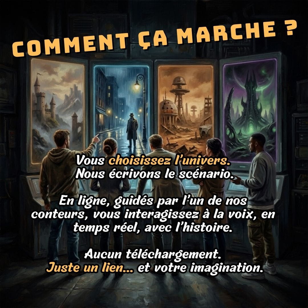 Différents univers d'aventures immersives sont représentés dans des écrans interactifs, comme une invitation à en choisir une.