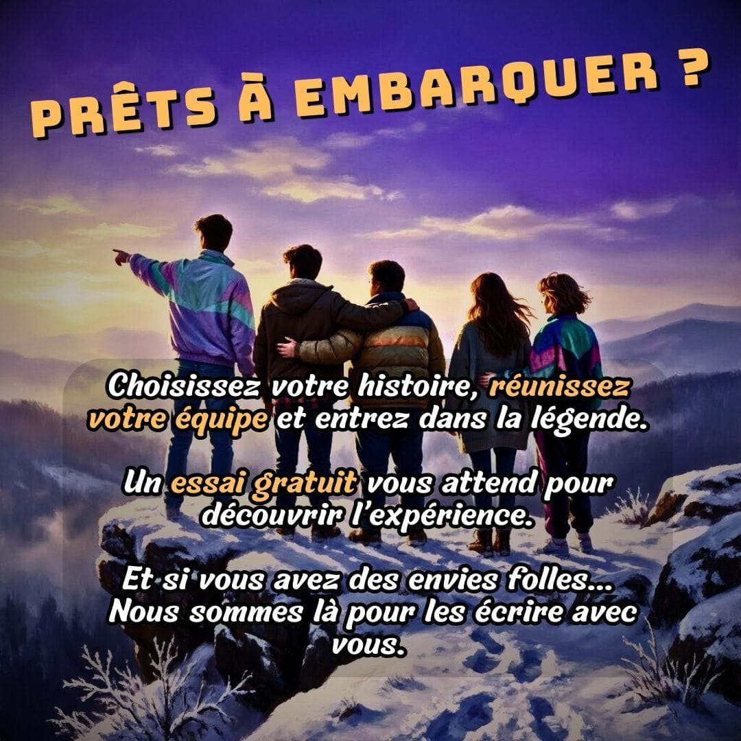 Un groupe d’aventuriers fait face à une forteresse sinistre, silhouettes attirées par un sillon lumineux clair en son centre et violet sur les côtés qui monte vers le ciel.