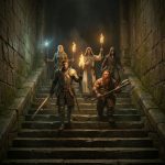A group medieval fnatastic adventurers, from different dongeon and dragons classes is descending a wide stone staircase inside a dark dungeon.