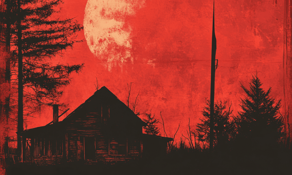 Une lune rouge derrière une vieille maison dans les bois, affiche de film d'horreur, style sérigraphié, grungy